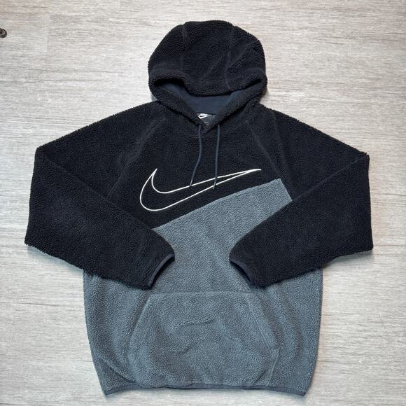Nike Other - Nike Sherpa Hoodie Heavy Fleece Mens L Black Gray Big Swoosh BV531 Pullover
